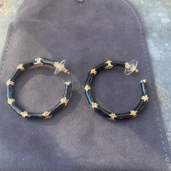 Kenneth Jay Lane Black Bamboo Enamel Hoop Earrings - Picture 3 of 6